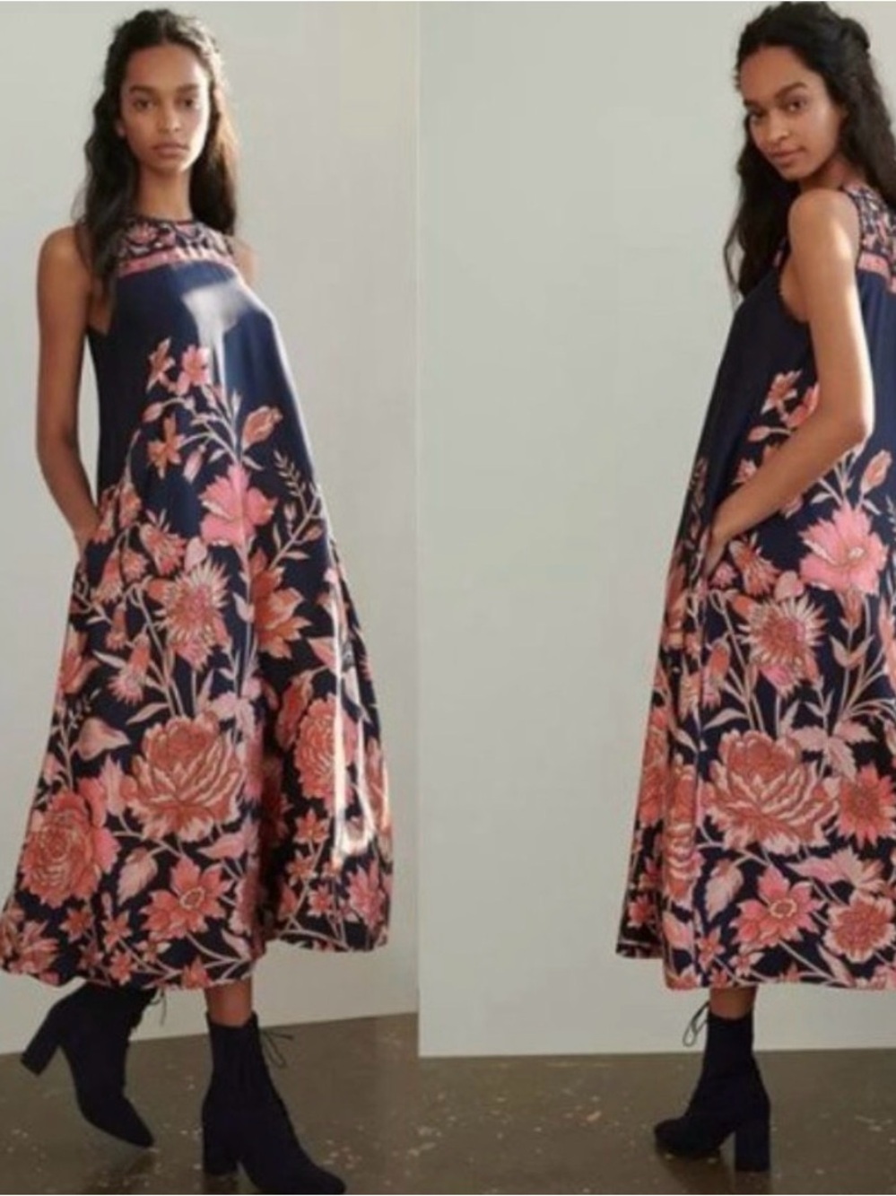 Anthropologie Cynthia Midi Dress with Pink Floral Design